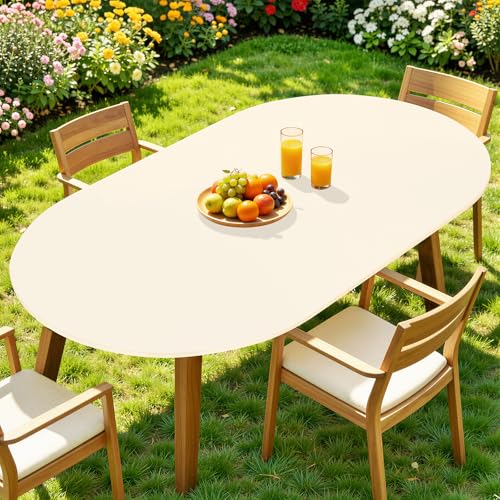 Moosfor Spandex Oval Tablecloth, Fitted Table Cloth for 48" x 68" Tables | Elastic Outdoor Picnic Table Cover, Circle Stretch Waterproof Table cloths for Patio, Dining, Kitchen, Beige - color: Beige, size: 68" x 48" (Oval)