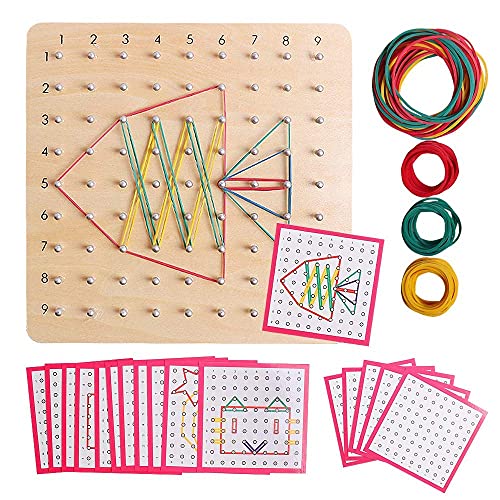 Wooden Geoboards - Montessori STEM Toy with Pattern Cards for Kids Ages 3+ | Pattern Cards & Rubber Bands, Geometric Shape Learning, Classroom STEM Tool, Brain Teaser Gift - size: 7.9*7.9 in