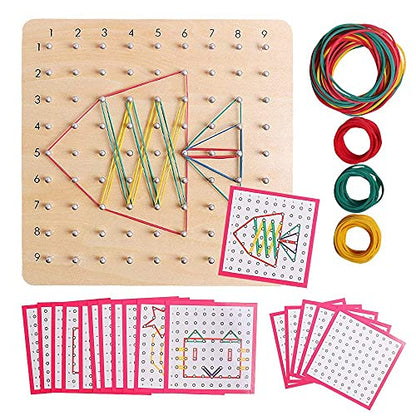 Wooden Geoboards - Montessori STEM Toy with Pattern Cards for Kids Ages 3+ | Pattern Cards & Rubber Bands, Geometric Shape Learning, Classroom STEM Tool, Brain Teaser Gift - size: 7.9*7.9 in