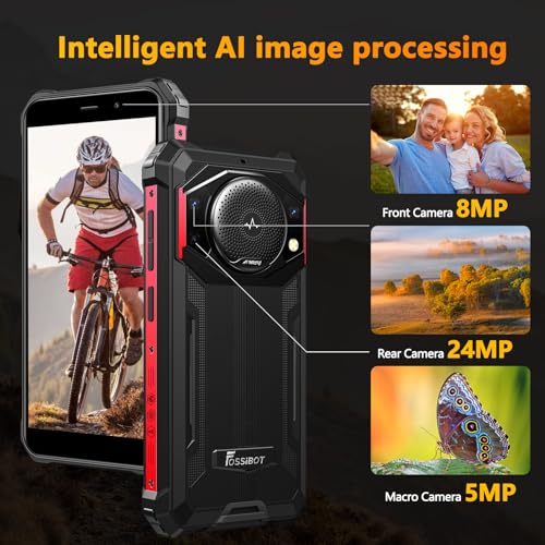 FOSSIBOT F101P Android 13 Rugged Smartphone, 7GB+64GB /1TB Rugged Call Phone 10600mAh Unlocked Phone 123dB Loud Volume Phone 5.45" 24MP+8MP Camera Waterproof Smartphone 4G Dual SIM OTG 18W Charger - color: Red