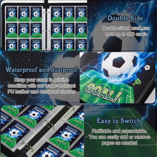 Trading Card Binder 9 Pocket, Soccer Card Binder Holds 900 Cards with 50 Removable Sleeves, Waterproof PU Leather with Zipper Card Collector Album Book Compatible with TCG Cards - color: Soccer