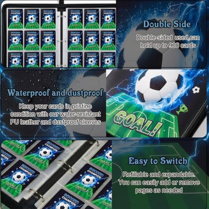 Trading Card Binder 9 Pocket, Soccer Card Binder Holds 900 Cards with 50 Removable Sleeves, Waterproof PU Leather with Zipper Card Collector Album Book Compatible with TCG Cards - color: Soccer