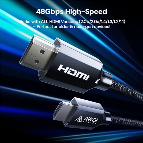 AWOL VISION HDMI 2.1 Cable 6.56ft,8K Certified, 48Gbps Ultra High Speed HDMI Cable 8K@60Hz, 4K@120Hz, 2K@144Hz, Compatible with PS5/Xbox/TV/PC/Projector
