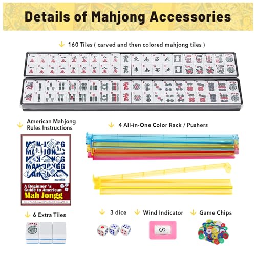 American Mahjong Tile Set with Yellow Printed Carrying Bag, 166 Blue Tiles, 4 All-in-One Color Racks/Pushers, Mah Jongg Sets, Mahjong Game Set for Travel, Christmas, Birthday Gifts - color: Yellow（blue Tiles）