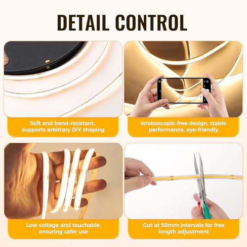 40Ft COB LED Strip Lights, Warm White 3000K Dimmable LED Light Strip with Remote, Seamless & No Strobe, Flexible & Cuttable, Complete Kit for Kitchen, Bedroom, Cabinet Lighting - color: 3000K