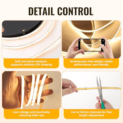40Ft COB LED Strip Lights, Warm White 3000K Dimmable LED Light Strip with Remote, Seamless & No Strobe, Flexible & Cuttable, Complete Kit for Kitchen, Bedroom, Cabinet Lighting - color: 3000K