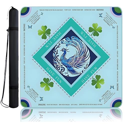 Blue Phoenix Mahjong Mat 32.4" x 32.4" with Rules, Anti-Slip Noise Reduction Design with Carrying Bag, Table Cover for Poker, Board Games, Dominoes and Card Games - color: Blue Phoenix