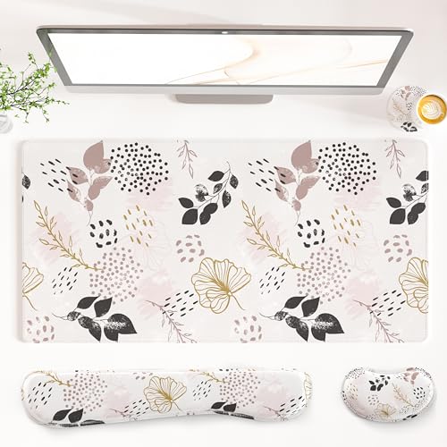 QIYI PU Leather Desk Mat Set, 4-in-1 Ergonomic Wrist Rest, Botanical Leaf | Waterproof Large Mouse Pad 31.5×15.7 + Keyboard Wrist Rest + Mouse Wrist Support+Coaster, Non-Slip Office Gaming Accessories - color: Botanical Leaves