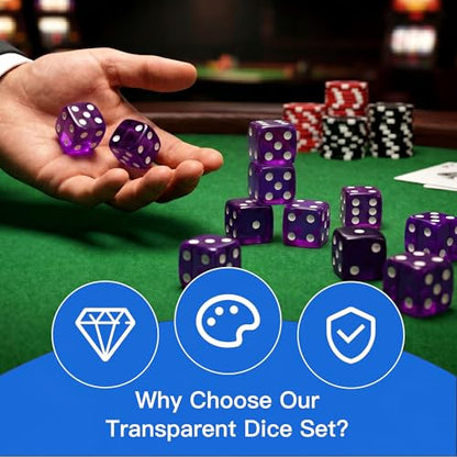 12 Piece 19 mm Casino Style Dice Set, Acrylic Translucent D6 Dice with Square Rounded Edge, Purple for Craps, Table Games, Board Games, RPG, MTG, DND(Purple) - color: Purple