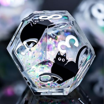 WizardsAracanum Cat Liquid Quicksand DND Dice Set Resin 7Pcs Dice DND with an Iron Box for DND COC Role Playing dice Games and Board Games Gift (Glitter Rainbow Black Cat) - color: Rainbow Giltter Black Cat
