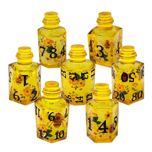 XENOLUX DND Dice Set Polyhedral Novelty Resin Dice - Fantasy Elixir Bottle Shape with Bee & Floral Inclusions, Easy to Read Black Numbers for Dungeons, RPG abletop Games-BOT3 - color: Bot3