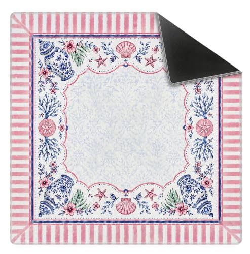 Blue Chinoiserie Coastal Beach Mahjong Mat 31.5x31.5 Inch | Preppy Pink Floral Coastal Starfish Non-Slip Noise Reduction Mah Jong Table Mat Cover Gifts for Mahjong Lovers Dominoes - color: Chinese-style Beach