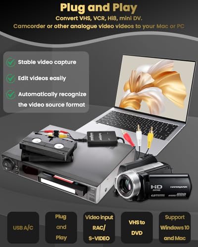 VHS to Digital Converter & RCA to HDMI Adapter USB Video Capture for VCR/DVD/AV/PS2/Wii,av to hdmi to Display Output, wii hdmi Adapter,Save/Convert OldVideo （Software Required for Cap