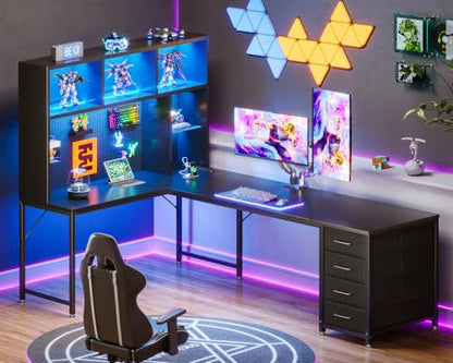 AODK 71" L Shaped Desk for Gaming and Working，Black | PC Desk with Hutch, Pegboard & Shelves, 4 Drawers, Integrated LED Light Strip & Power Outlets, Reversible - size: 71 Inch