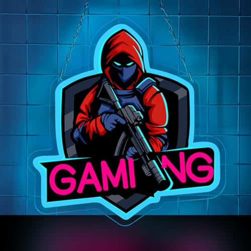 Gaming Neon Sign, FPS Gamer LED Neon Light for Game Room Decor, Red Hooded Gamer Wall Light for Bedroom, Game Station, Man Cave, Unique Gamer Gift for Men, Teens, Boys - color: Gaming Blue