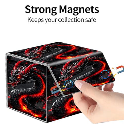 PU Leather Deck Box for MTG Commander Cards, Fits 100+ Double Sleeved Cards, Secure Magnetic Trading Card Storage Case for TCG CCG,Fiery Black Dragon - color: Fiery Black Dragon