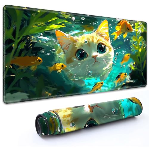 for MTG TCG Playmat with Zones 24 x 14 Inch Trading Card Game Mat | Thick Non Slip Rubber Playmat With HD Fade Resistant Printing for All Card Games, Cute Orange Cat Fish Bubbles - color: Cute Orange Cat Fish Bubbles, size: 24" x 14"