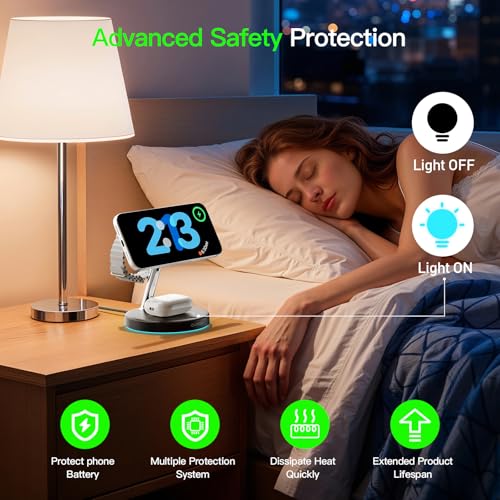 【Adjustable Blue Ambient Light】 Wireless Charger 3 in 1 for iPhone, Magnetic Charging Station for Apple Family,15W Fast MagSafe Charger Stand,for iPhone17-12-iWatch AirPods Series - color: Black