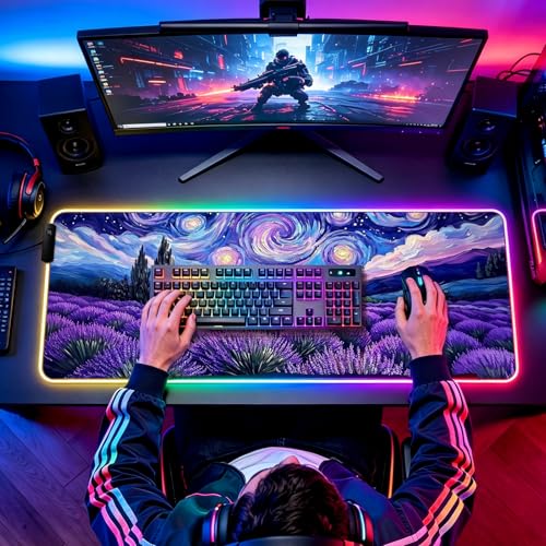 RGB Fantasy Starry Night Lavender Field Gaming Desk Mat, Computer Keyboard Large Extended Long Floral LED Mouse Pad for Office and Home, XL (W27) - color: Rgb-w27