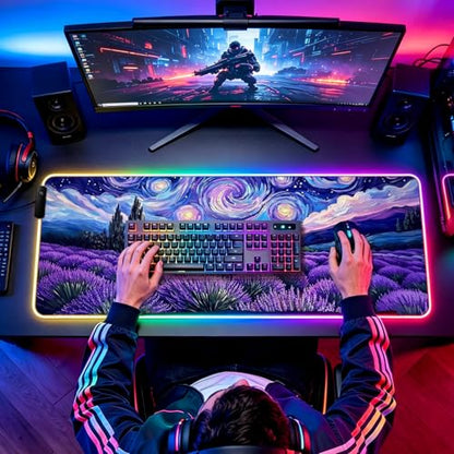 RGB Fantasy Starry Night Lavender Field Gaming Desk Mat, Computer Keyboard Large Extended Long Floral LED Mouse Pad for Office and Home, XL (W27) - color: Rgb-w27
