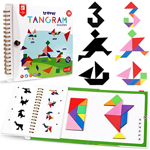 Travel Tangram Puzzle Car Game Magnetic Pattern Blocks Road Airplane Trip Essentials Activities Montessori Educational Toys Brain Teasers Book for Age 4-8 Kids Boys Girls Toddler (368 Solution) - color: 368 Solution