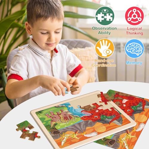 Puzzles for Kids Ages 4-6, 4 x 24 PCs Dinosaur Wooden Puzzles | Dinosaur Puzzles for Toddlers & Kids Ages 3-5, Preschool Educational Puzzles Toys, Birthday Gifts Set for Boys & Girls - color: Dinosaur