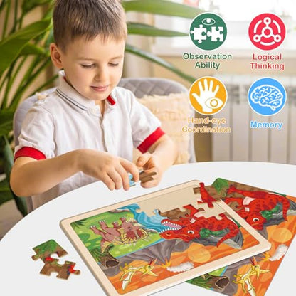 Puzzles for Kids Ages 4-6, 4 x 24 PCs Dinosaur Wooden Puzzles | Dinosaur Puzzles for Toddlers & Kids Ages 3-5, Preschool Educational Puzzles Toys, Birthday Gifts Set for Boys & Girls - color: Dinosaur