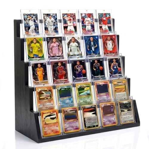 5 Tier Wooden Card Display Stand – Vertical Card Holder Display for Trading Cards, Game Cards, Sports Cards, Graded PSA/BGS/SGC, Baseball, Basketball&Football(Soccer) Card Stand, Desk & Shelf Organize,Black - color: Black, size: 1 Pack
