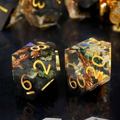 Haxtec Flower DND Dice Set Sharp Edge Resin Polyhedral Dice, Floral D&D Dice with Metal Case, Handmade Flower Inside Dice Set for Dungeons and Dragons TTRPG, Winter Black DND Gift - color: Black