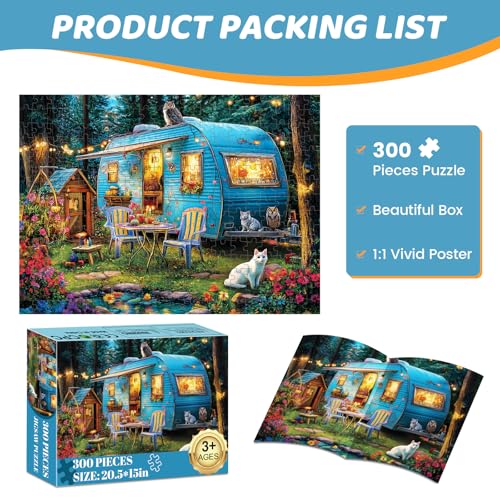 300 Pieces Puzzles for Adults | Camper Cat Jigsaw Puzzles | Large 300 Piece Puzzle for Children Adults Seniors | Sturdy,Safe | Engaging & Educational Toys Great Gift for Boys Girls 20.5 x 15 in - style: Outdoor Camper Cat