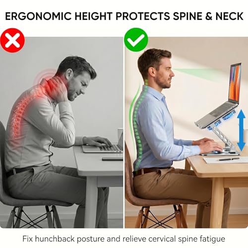 Laptop Stand with Cooling Fan, 360 Rotating Base Aluminum Laptop Riser, Foldable Ergonomic Computer Stand for Desk, Height Adjustable Notebook for All Laptops up to 17.3" (Silver) - color: Silver