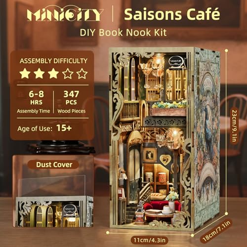 MiniCity Book Nook Kit, DIY Miniature Dollhouse Book Nook Kit with Dust Cover and LED Light (Saisons Café) | 7.1 x 4.3 x 9.1 in; 347 pieces, LED and dust cover; glue/tools and guide included; 8-10 hr DIY build for display, ages 14+. - style: Saisons Café
