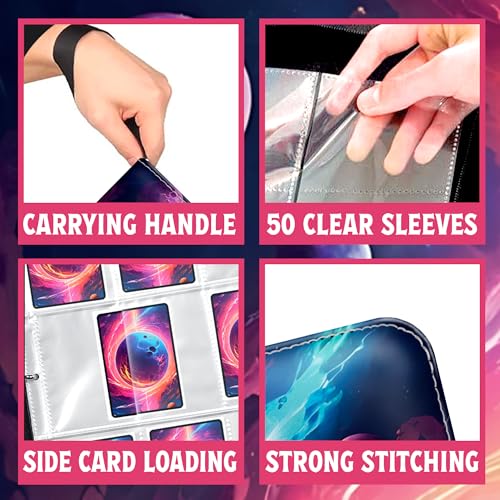 Premium Sports Card Trading Binder, Galaxy Design with Planets, Mountains & Fire, PU Leather, 900 Card Capacity, 50 Double Sided 9 Pocket Sleeves, 3 Ring Metal Binder, Zipper & Handle