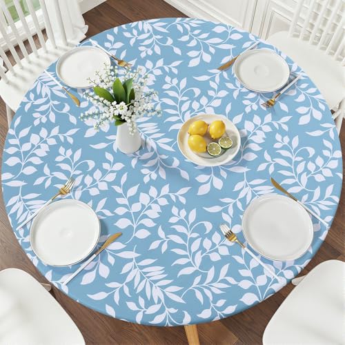 Smiry Round Picnic Tablecloth, Waterproof Elastic Fitted Table Covers for 36" - 44" Tables, Wipeable Flannel Backed Vinyl Tablecloths for Camping, Indoor, Outdoor, Baby Blue - color: Baby Blue, size: For Up to 36"-44" Round