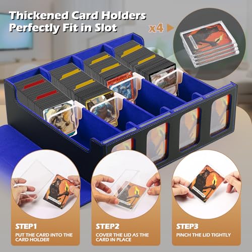 Ultra-Capacity 4-Row Trading Card Storage Box with Commander Display - Holds 3000+ Cards with 12 Dividers & 4 Card Holders, PU Leather Deck Box MTG, Deck Box TCG YuGiOh, Sports Cards - color: Black / Blue