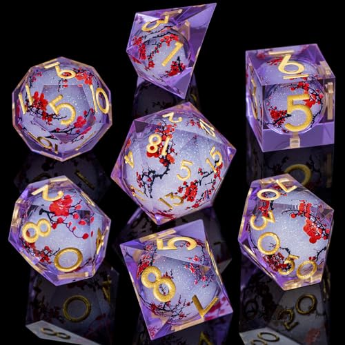ARUOHHA DND Resin Dice Plum Blossom Liquid Core Golden Purple Sharp Edged Dragons Polyhedral Dice Set with Gift Box, Dungeons D and D Dice Set Role Playing Game D20 D12 D10 D8 D6 D4 - color: Flower&purple White-2