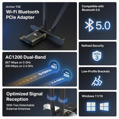 TP-Link AC1200 PCIe WiFi Card for Desktop PC (Archer T5E) - Bluetooth 5.0, Dual Band Wireless Network Card (2.4Ghz and 5Ghz) for Gaming and Streaming, 2 High Gain Antennas, Supports Windows 10/11 - style: AC1200, WiFi 5