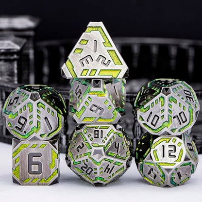 Metal DND Sci-fi Dice Set 7PCS Stripe Polyhedral Dice for Dungeons Dragons RPG Role Playing Game, Glitter D and D Dice with Gift Box D6 D8 D10 D12 D20 (Grey&Green Yellow) - color: Silver Gray - Yellow Green