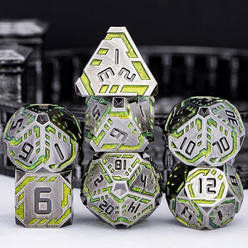 Metal DND Sci-fi Dice Set 7PCS Stripe Polyhedral Dice for Dungeons Dragons RPG Role Playing Game, Glitter D and D Dice with Gift Box D6 D8 D10 D12 D20 (Grey&Green Yellow) - color: Silver Gray - Yellow Green