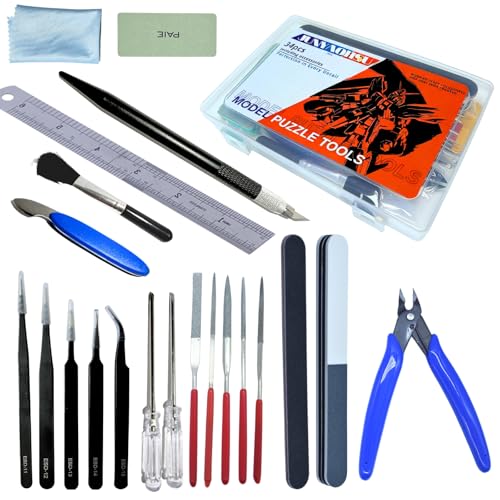 Gundam Model Tools Kit, 34pcs Hobby Tool Set, Pliers, Separator, Files, Screwdriver, Tweezers, Polishing Strip, Graver, Blades for Buildings, Gundam, Robots Models Minature