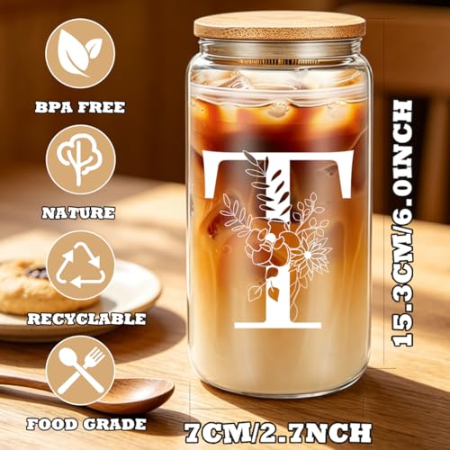 DHQH Birthday Gifts for Women, Monogrammed Gifts Box Included 16 oz Initial Glass Drinking Cup,Canvas Tote Bag, Personalized Iced Coffee Tumbler Gift for Women Her Mom Teacher Friends Sister, T - color: letter-cup-t