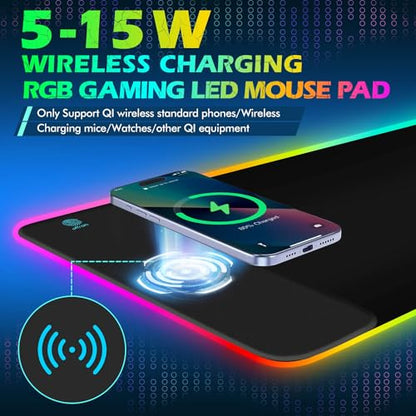 ToLuLu RGB Gaming Wireless Charging Mouse Pad, 5/7.5/10/15W 10 Light Modes LED Mouse Pad Computer Keyboard Mat Mousepad, 800x300x4MM Extended Large Desk Mat for Gaming, MacBook, Laptop, PC, Black - color: Black
