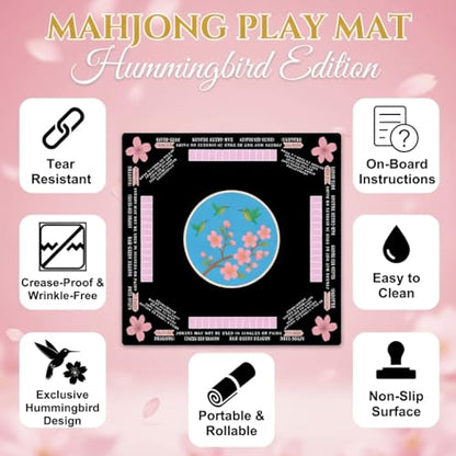 American Mahjong Mat with Rules Printed (33x33, 2.5mm Thick, Hummingbird Black) Mahjong Mat for Table w/Bag, Crease-Proof Waterproof Non-Slip, Soft Mahjong Table Mat, Noise Reduction - color: Hummingbird Black Mat