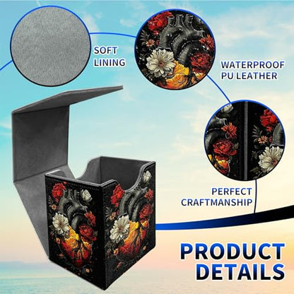 Heart Flower Card Deck Box, MTG Commander Deck Box Card Deck Case for Trading Cards, 100+ Sleeved Cards with PU Leather Magnetic Card Storage Box for TCG CCG Magic Cards - color: Card Deck Box-596