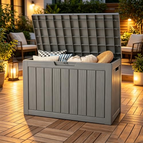 Outdoor Storage Box, Resin Deck Boxes outdoor, Waterproof Storage Box Lockable Lid (Grey, 45 Gallon) - color: Striped Grey, style: 45 gallon