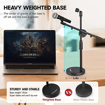 Microphone Stand Desk Adjustable Desktop Microphone Stand with Boom Arm Upgraded 3 in 1 Table Phone/Mic Stand with Microphone Clip,Cell Phone Clip,3/8" to 5/8" Adapter for Universail Mic