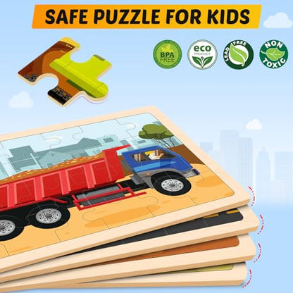 Wooden Puzzles for Kids Ages 4-6, 4 Packs 24 PCS Construction Vehicle Jigsaw Puzzles for Kids Ages 3-5, Preschool Educational Puzzles Boards Toys Gifts for Boys Girls - style: Vehicle