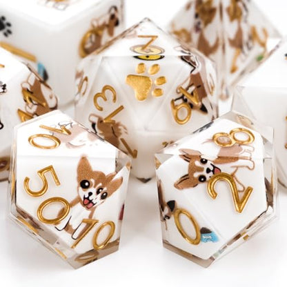 DND Dice Set 7-Pcs, Sharp Edge Cute Dog Style Resin Dice Polyhedral Resin Sharp Edge Dice for Roleplaying Games Dungeons and Dragons RPG MTG Table Games（Chihuahua） - color: White, style: Chihuahua