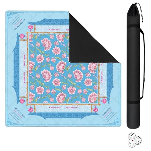 Mahjong Mat for Table with Carrying Bag & 3 Dice, Blue Pink Floral 31.5"x31.5" Square Rubber Mahjong Table Cover, Non-Slip & Noise Reduction Gaming Mat for Mah Jongg, Poker, Dominoes & Tile Games - color: Light Blue Pink