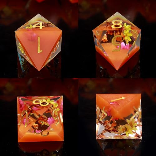 Haxtec Flower DND Dice Set, Orange Sharp Edge Resin Polyhedral Dice | Floral D&D Dice with Metal Case, Handmade Plant Inside, Dungeons and Dragons, TTRPG DND Gifts - color: Orange